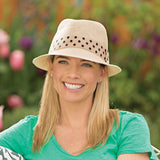 Gigi-Natural with Polka Dot Ribbon__The Gigi fedora for small head has a small brim to provide visual balance as well as sun protection.